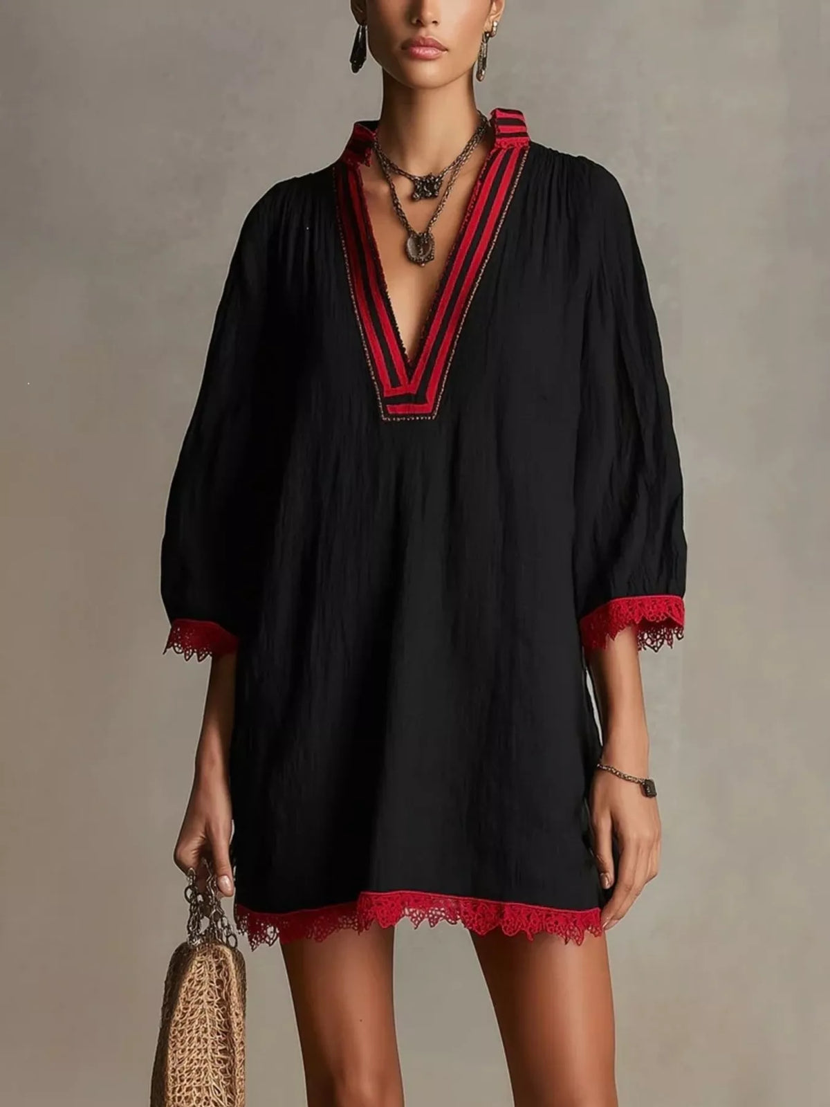 Black Lace-Trim Notched Long Sleeve Mini Dress front view