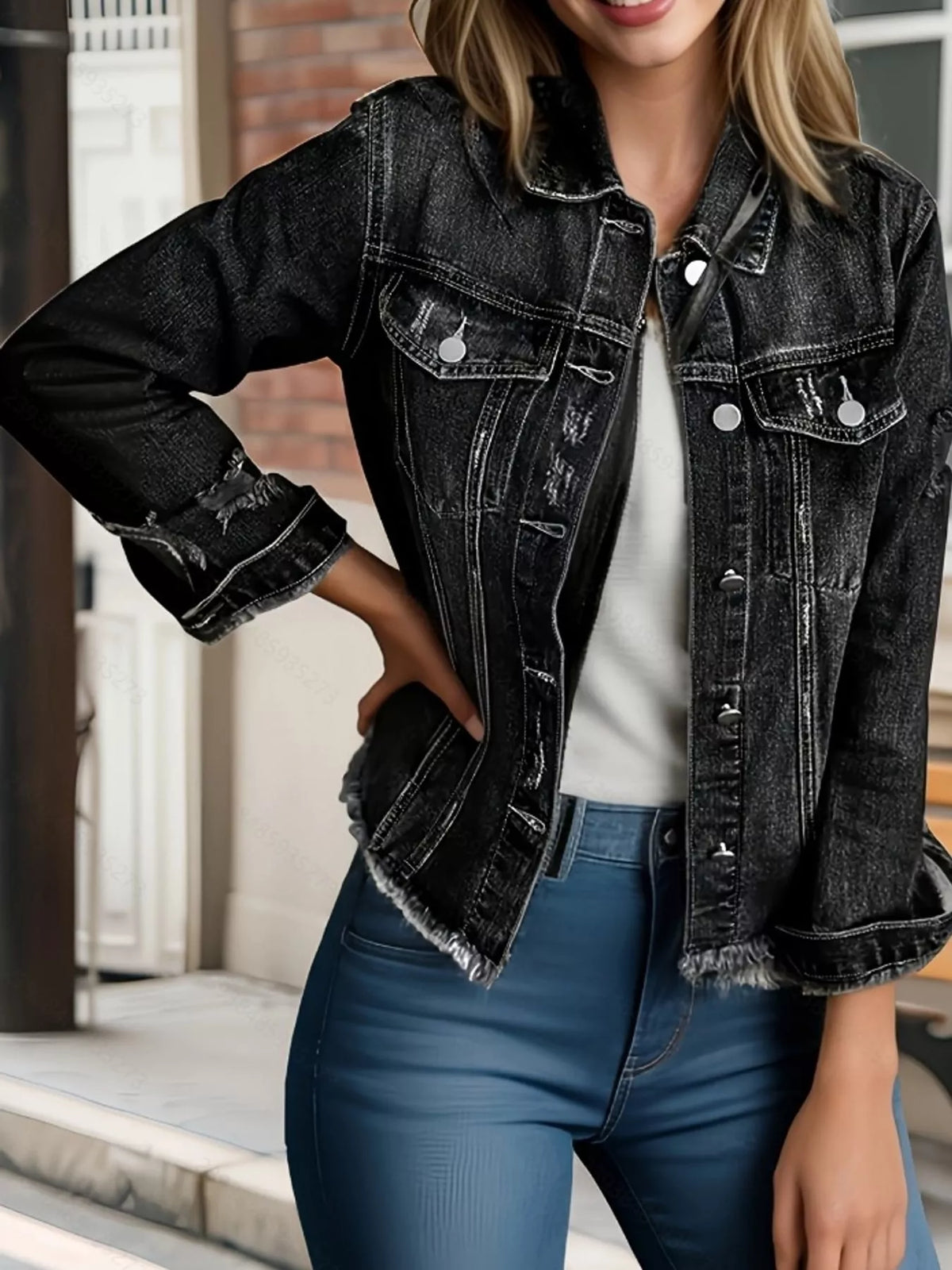 Women's Distressed Raw Hem Denim Jacket in black — front view
