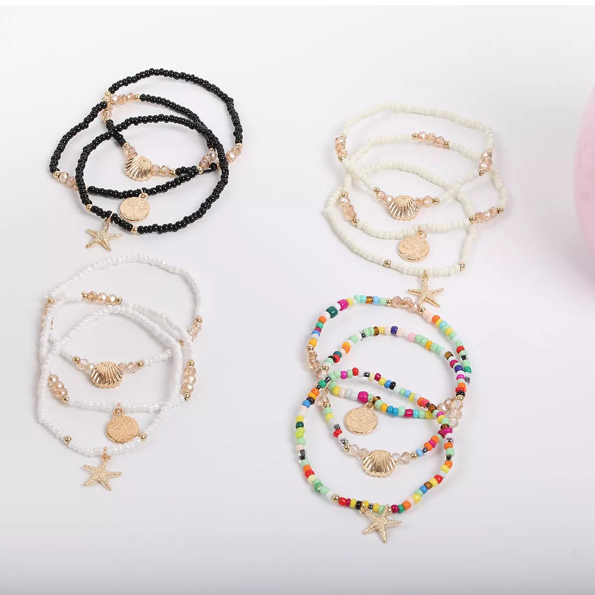 Three-piece beaded anklet sets in assorted colors and styles