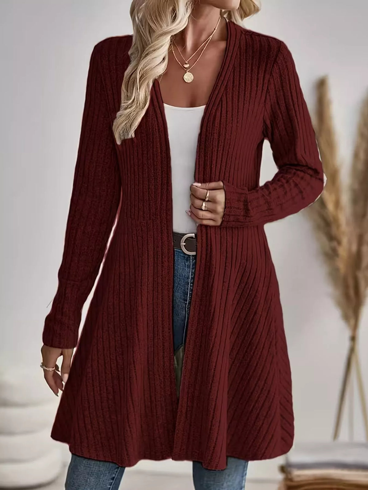 Burgundy ribbed knit open front cardigan