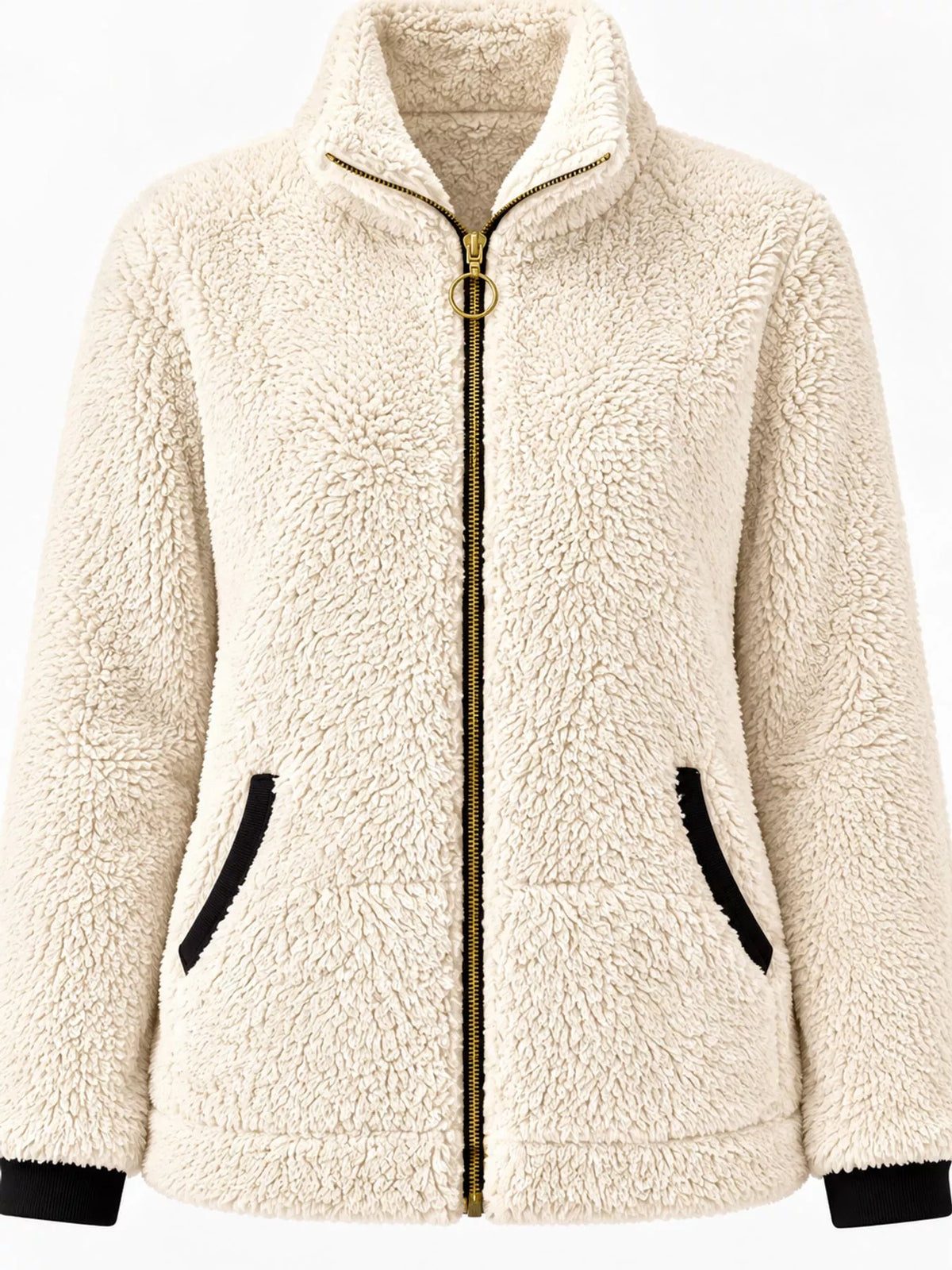 Contrast-trim fleece jacket, cream zip pocket detail