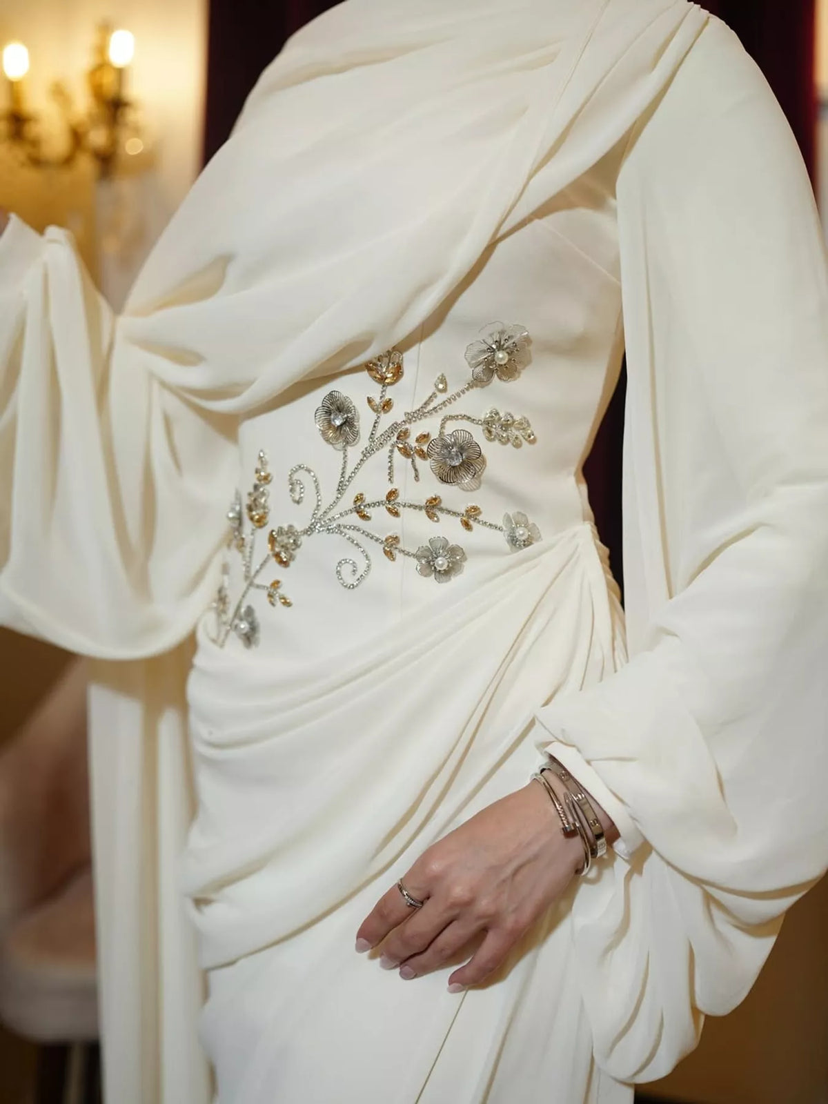 Cream floral detail long sleeve maxi dress, detail view
