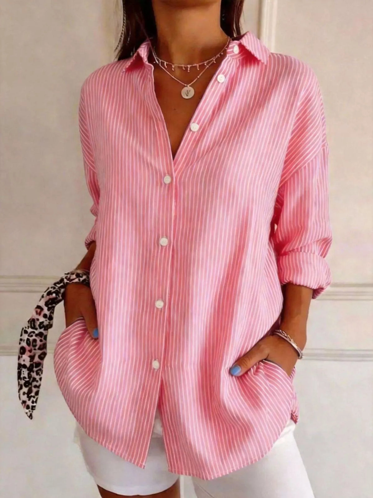 Pink striped long sleeve shirt, button-front and rolled sleeves