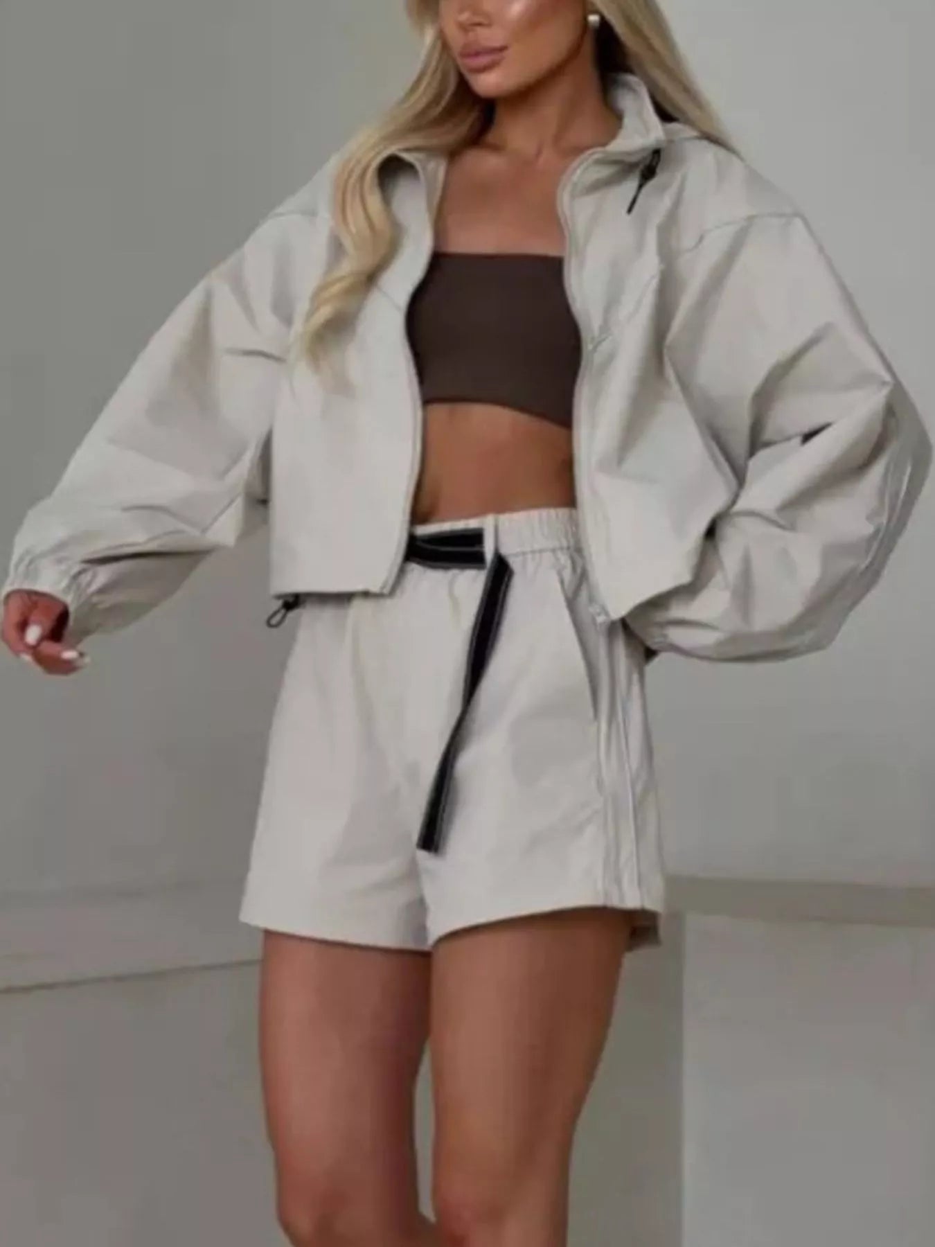 Trendsi Drawstring Zip-Up Jacket and Shorts Set -