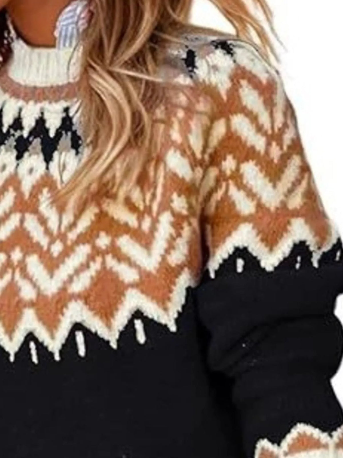 Fair Isle Patterned Long Sleeve Sweater in black, pattern detail