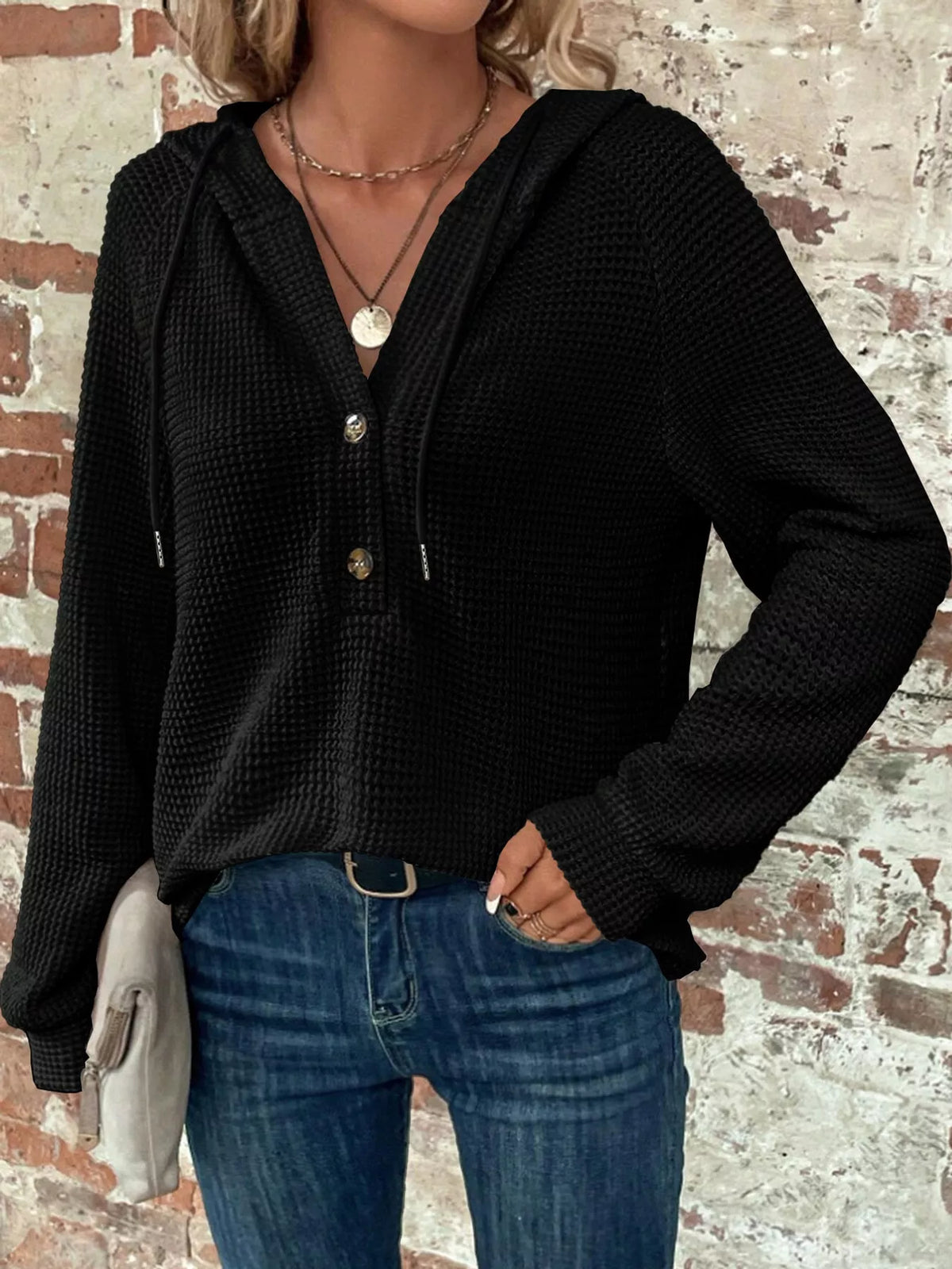 Black waffle knit button-detail hoodie