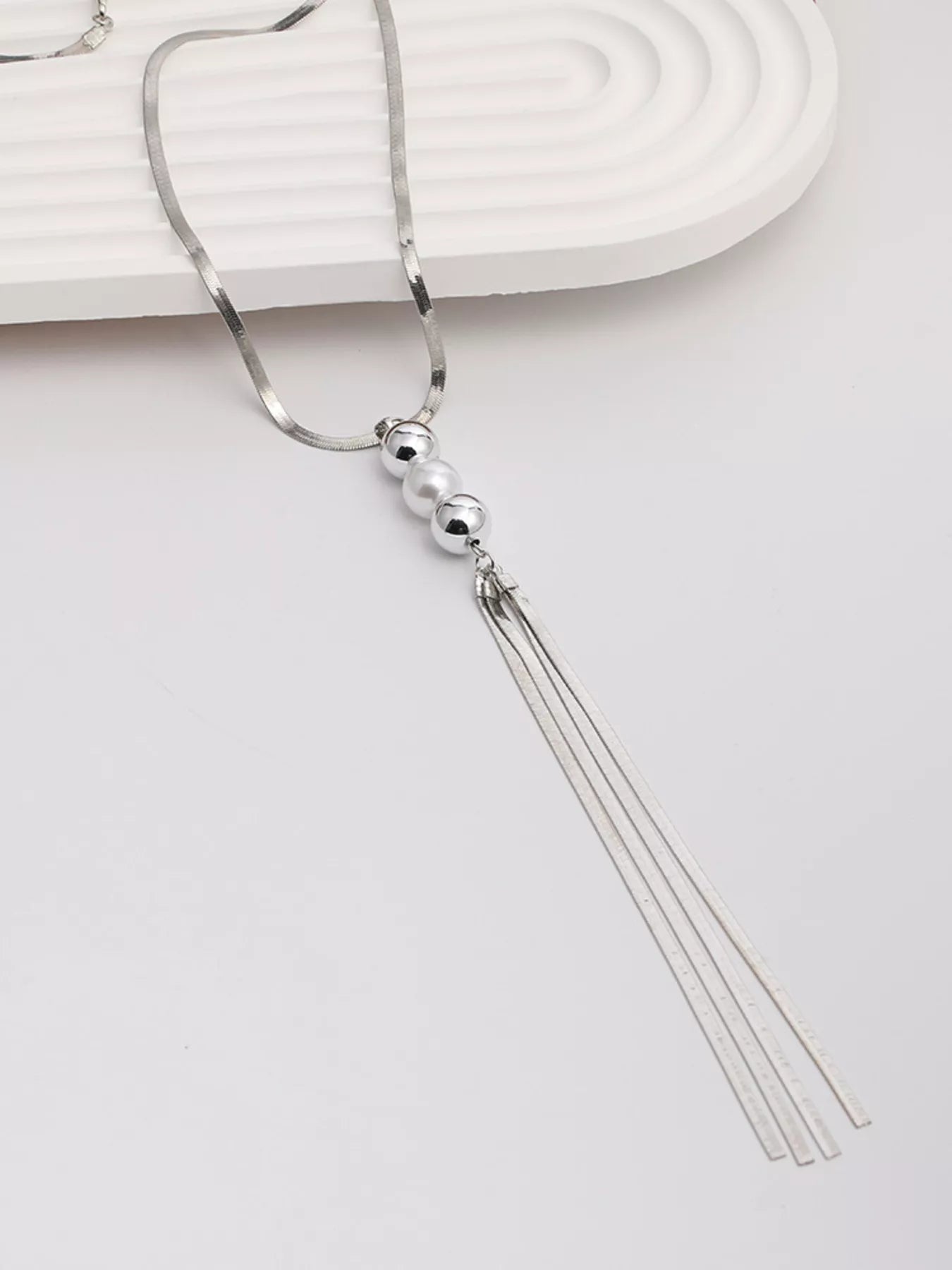 Trendsi Alloy Silver-Plated Bead Tassel Necklace -