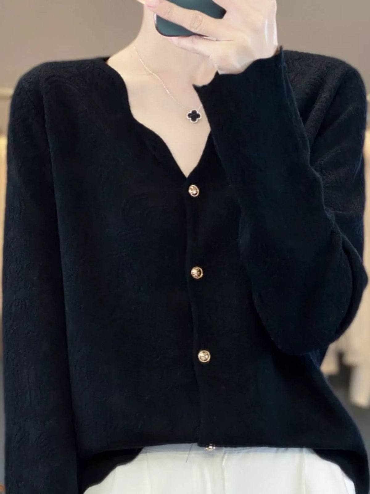 Lace-trim cardigan, black front