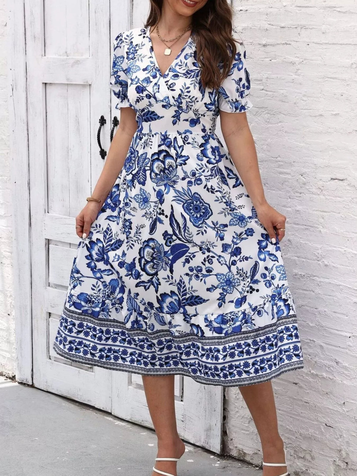 Trendsi Floral Print Puff Sleeve Wrap Midi Dress -