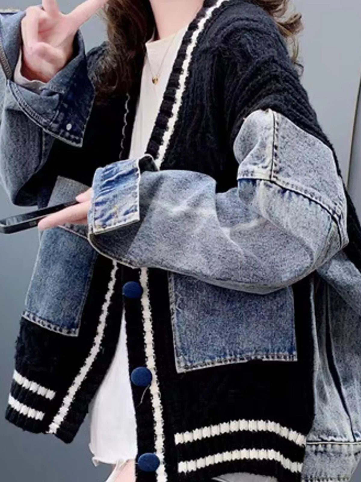 Contrast Denim Patchwork Cable Knit Cardigan in black