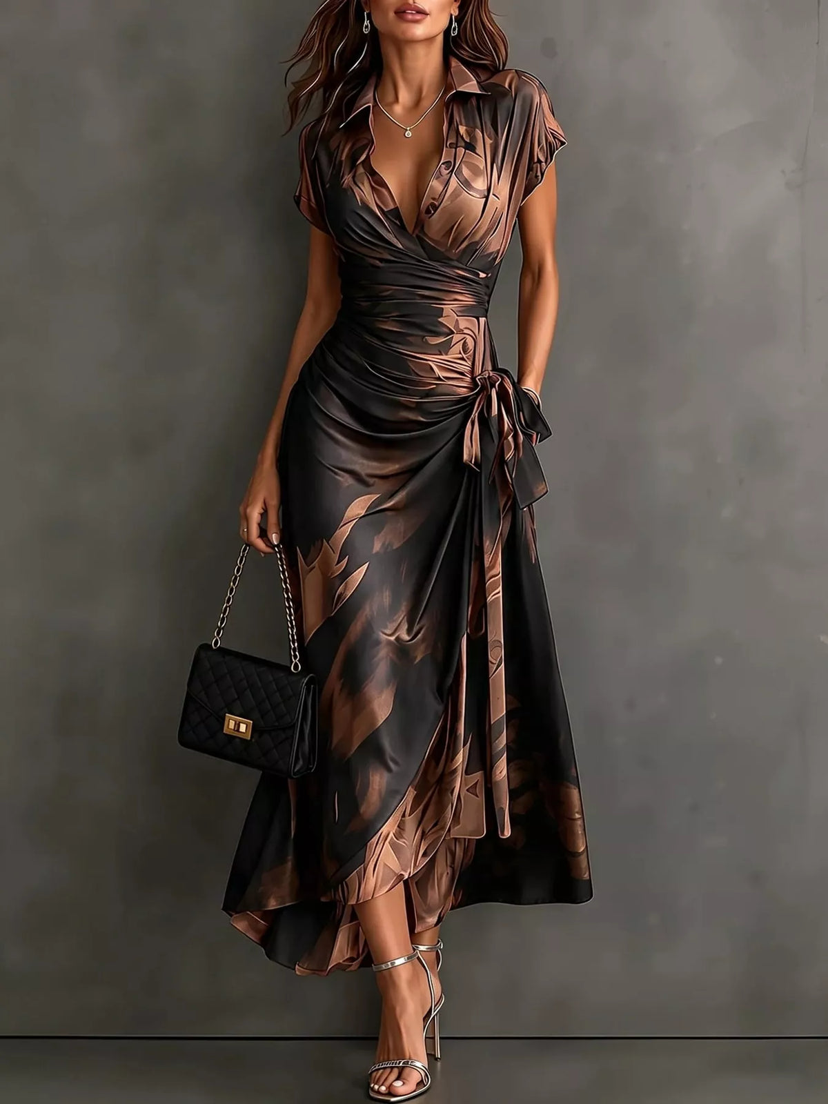 Brown and black tie-detail surplice dress