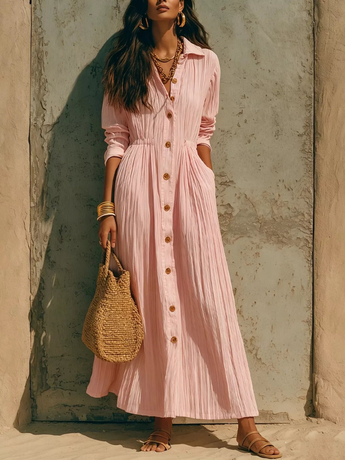 Trendsi Full Size Textured Button Front Long Sleeve Maxi Dress Plus Size -