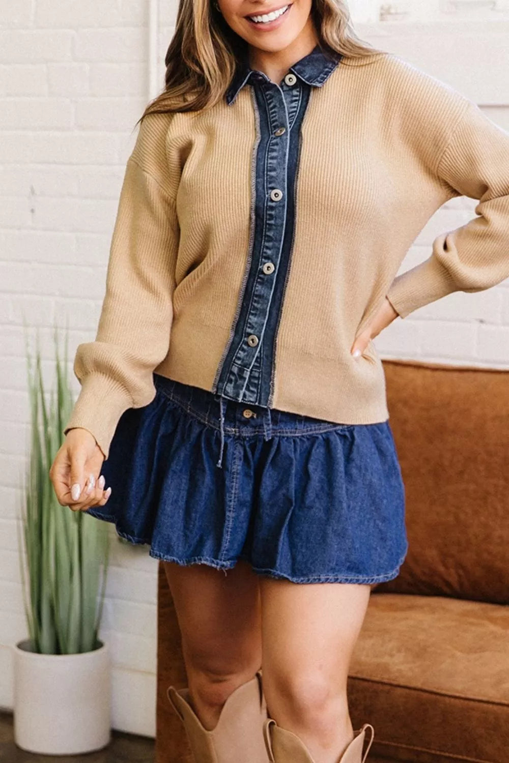 Trendsi Drop Shoulder Placket Paneling Shirt Collar Long Sleeve Cardigan -
