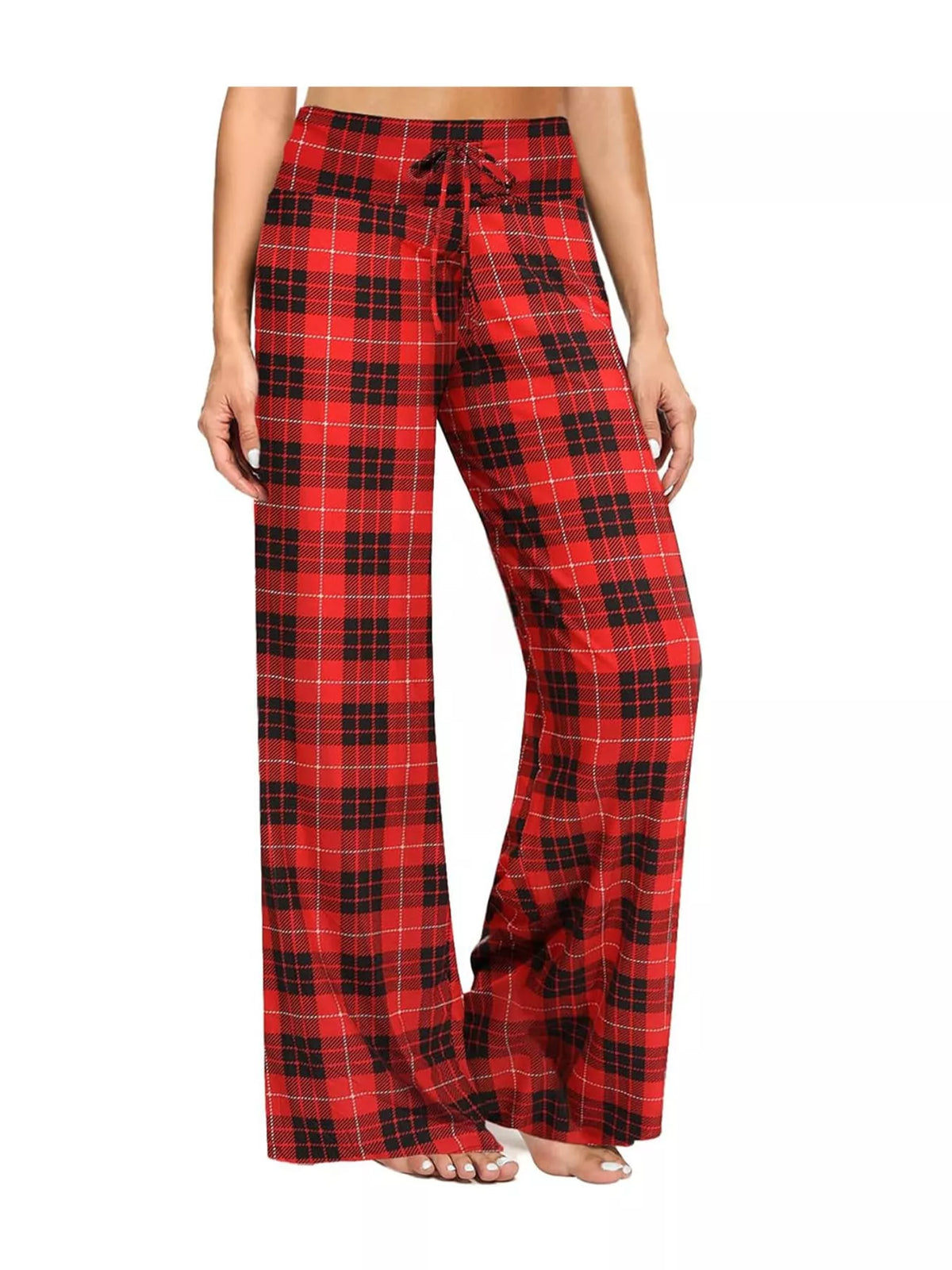 Red plaid drawstring wide-leg pants — front view