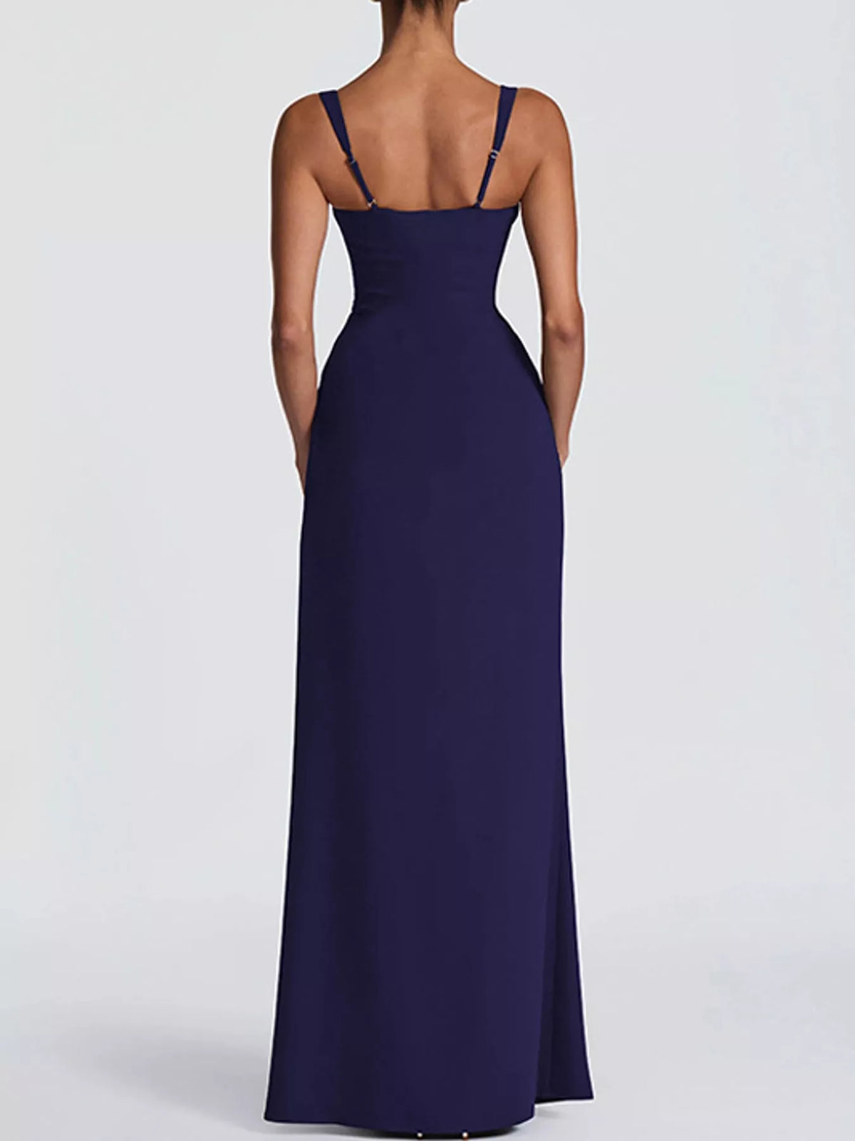 Women's Sleeveless High-Slit Evening Maxi Dress in navy — back view