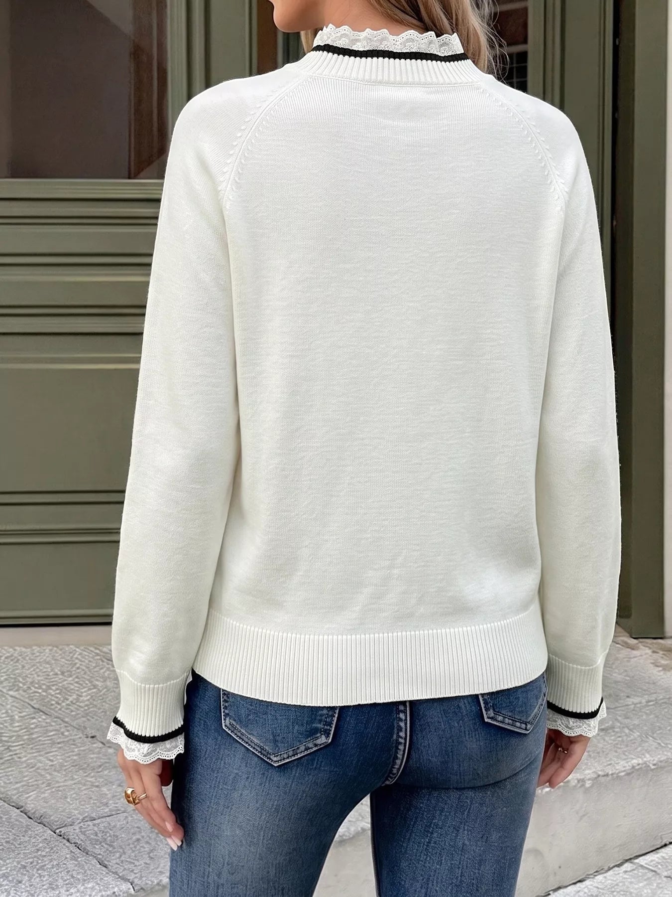 Trendsi Bow-Embellished Lace Trim Sweater -