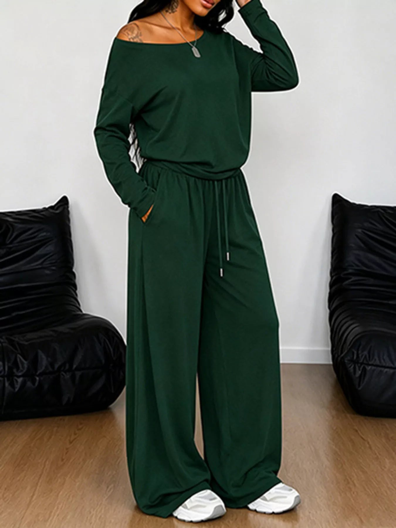 Trendsi Full Size One-Shoulder Top and Drawstring Pants Set Plus Size -