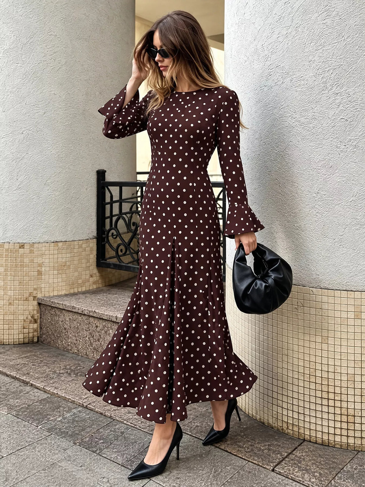 Brown polka dot long sleeve maxi dress