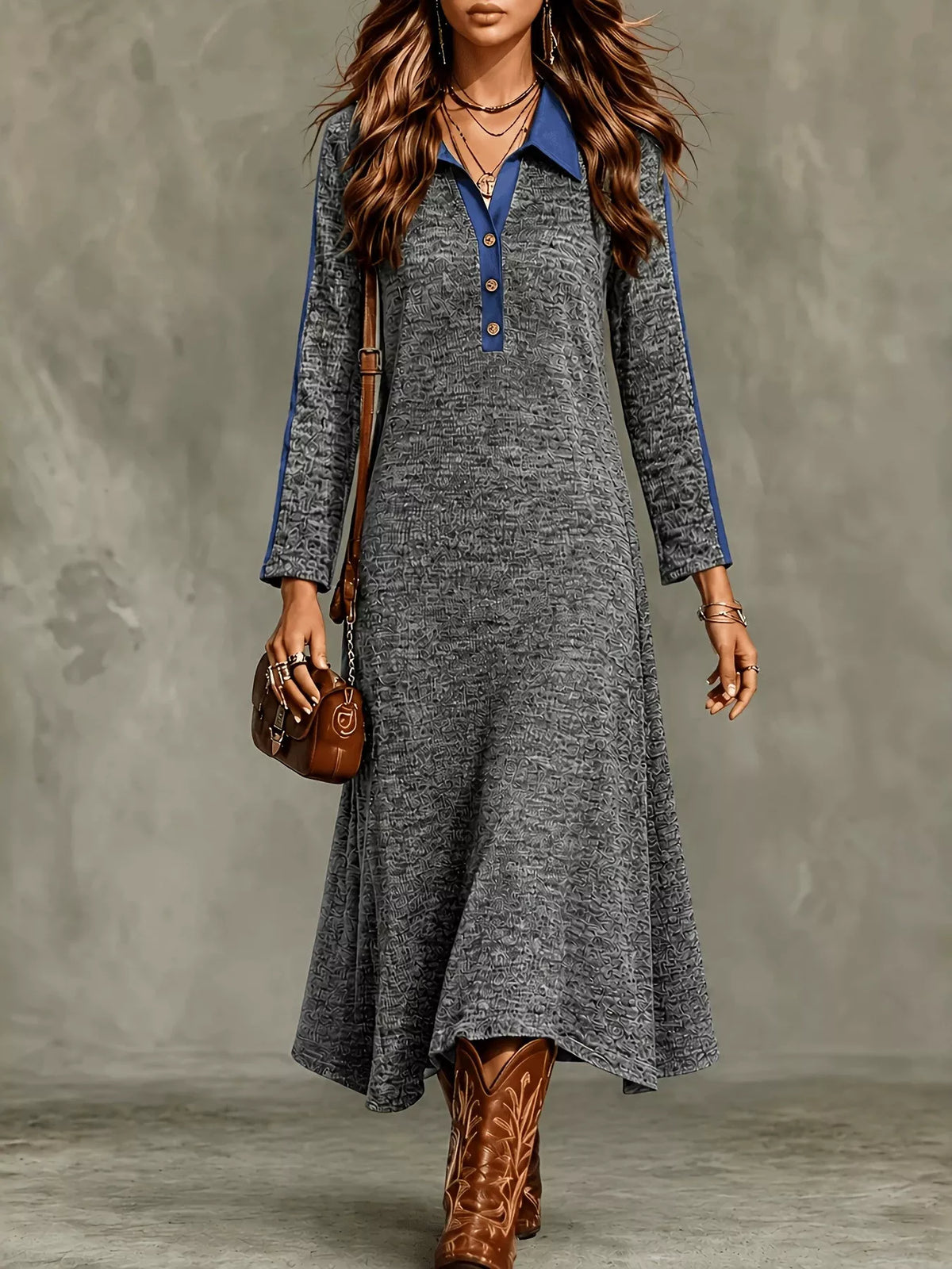 Colorblock Polo Collar Long Sleeve Sweater Dress — front view
