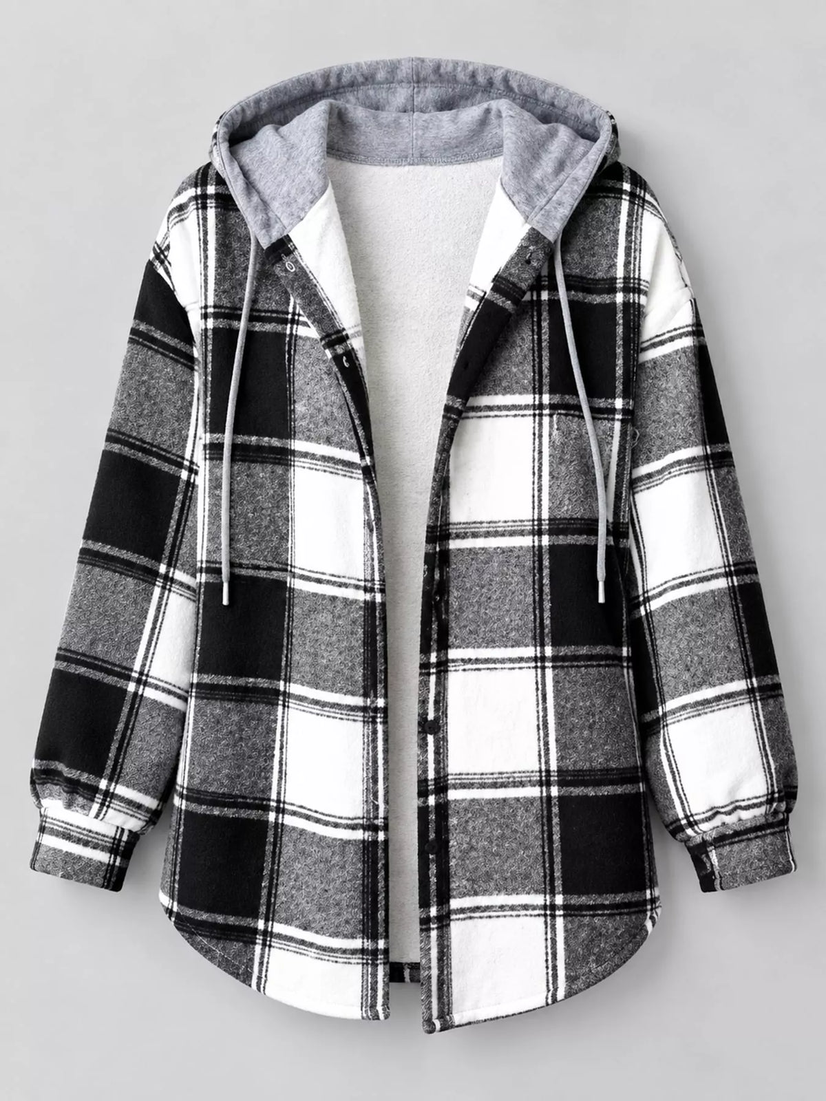 Button-Down Printed Contrast Hooded Shacket — garment front