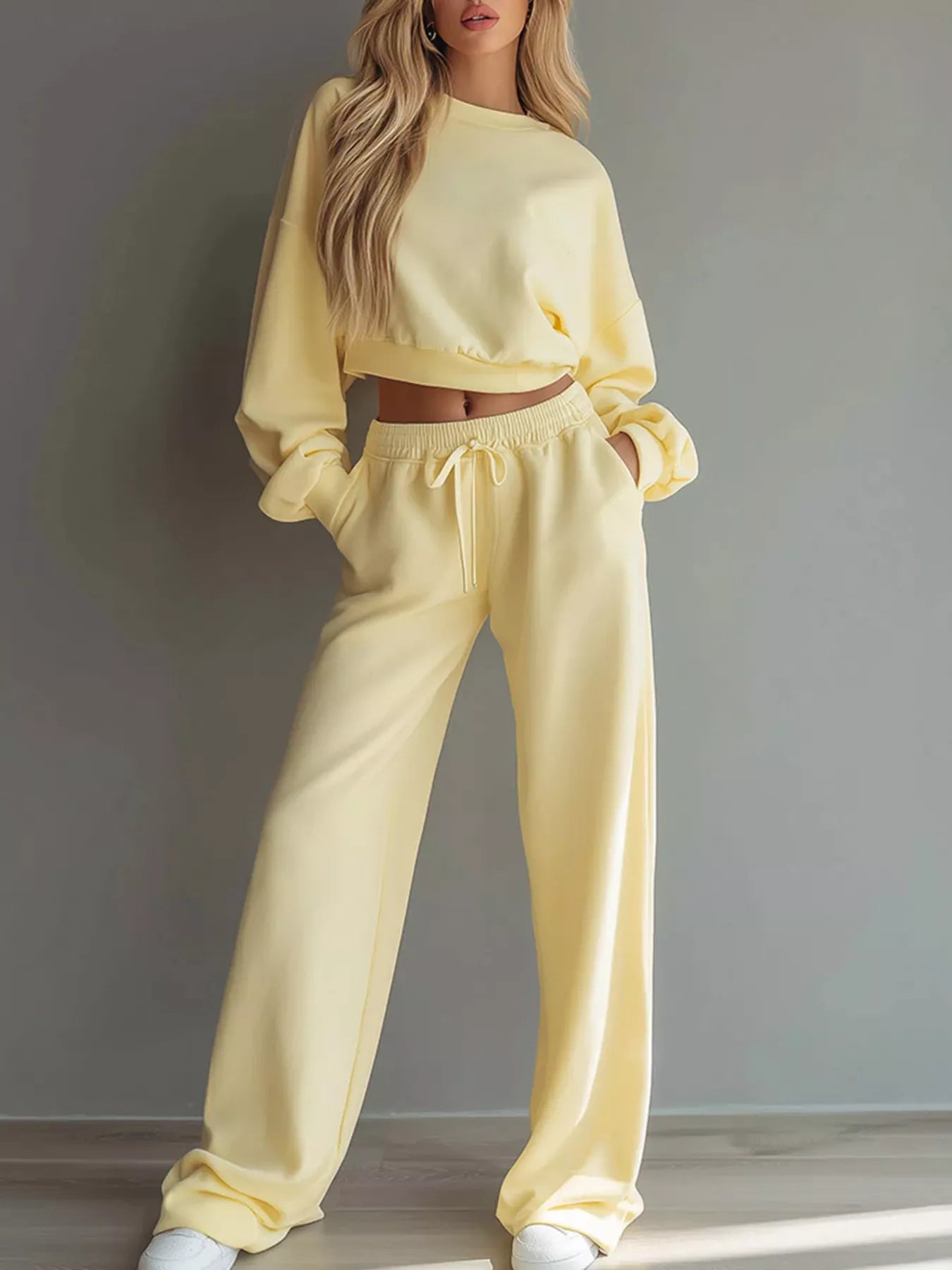 Trendsi Round Neck Cropped Sweatshirt and Wide-Leg Pants -