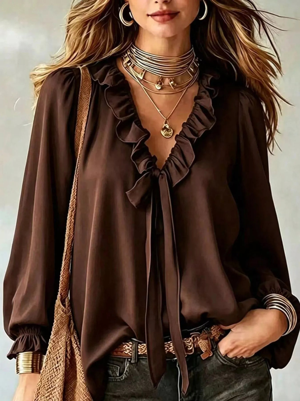 Brown ruffled v-neck blouse with tie-front detail