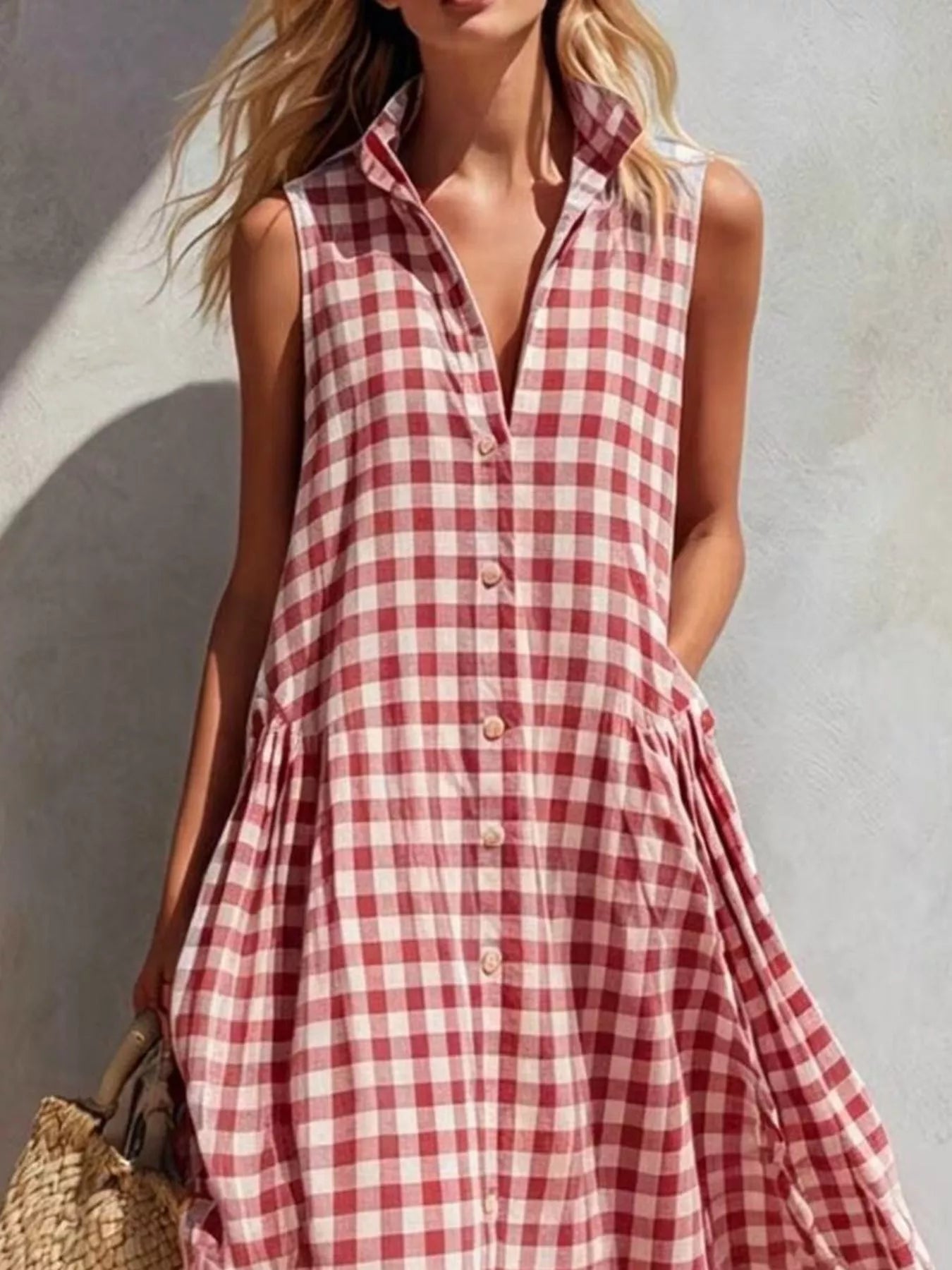 Trendsi Full Size Sleeveless Gingham Button-Down Midi Dress Plus Size -