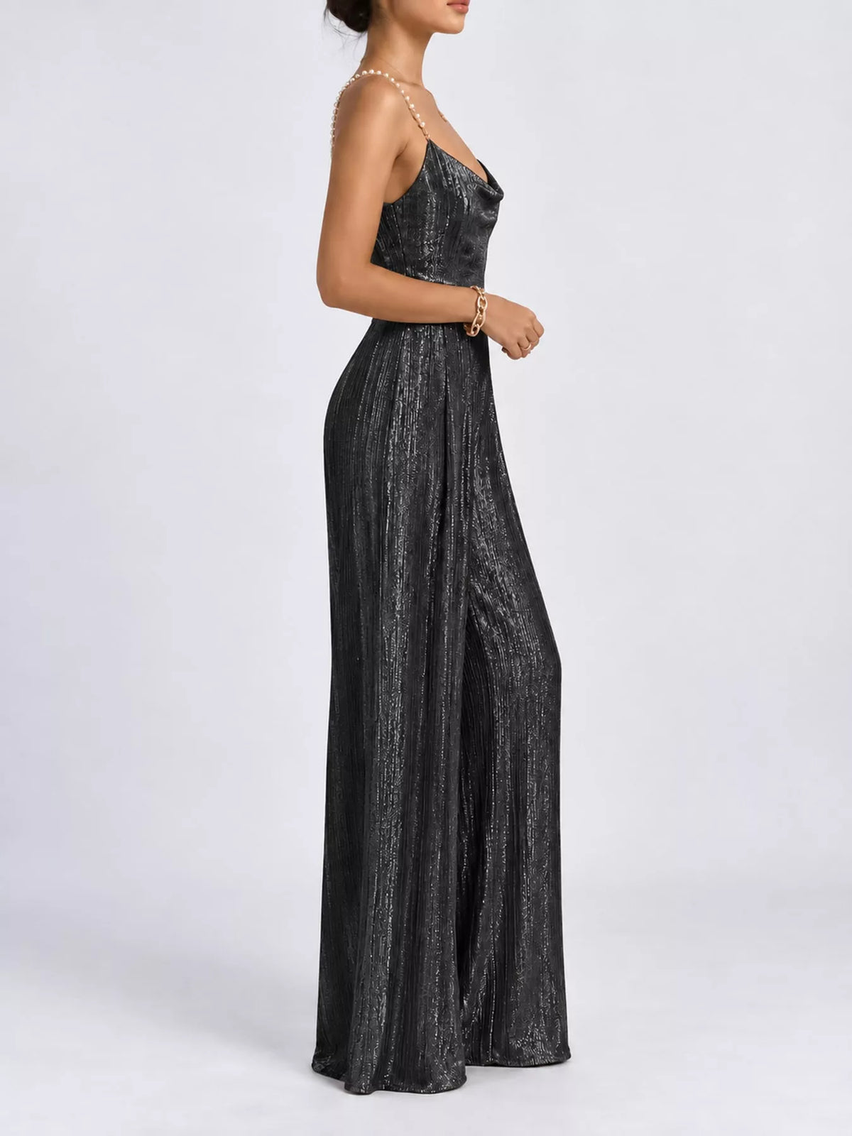 Metallic Wide-Leg Jumpsuit with Pearl Strap Detail in black