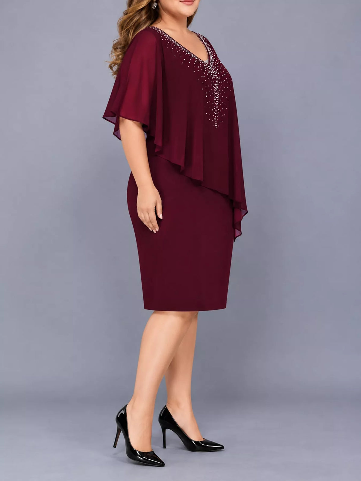 V-neck short sleeve knee dress, side view