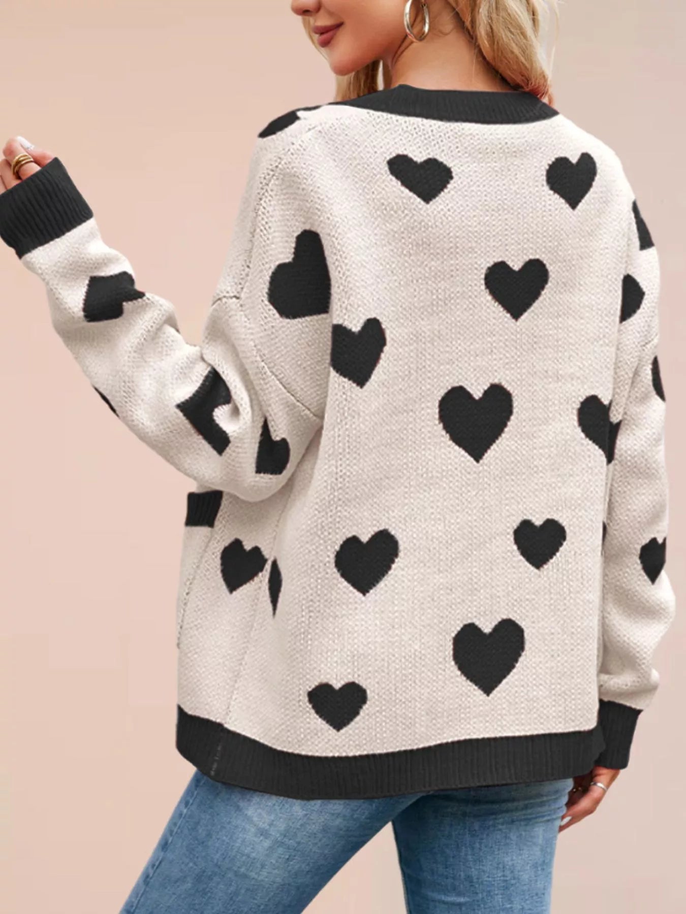 Trendsi Heart Pattern V-Neck Button-Down Knit Cardigan -