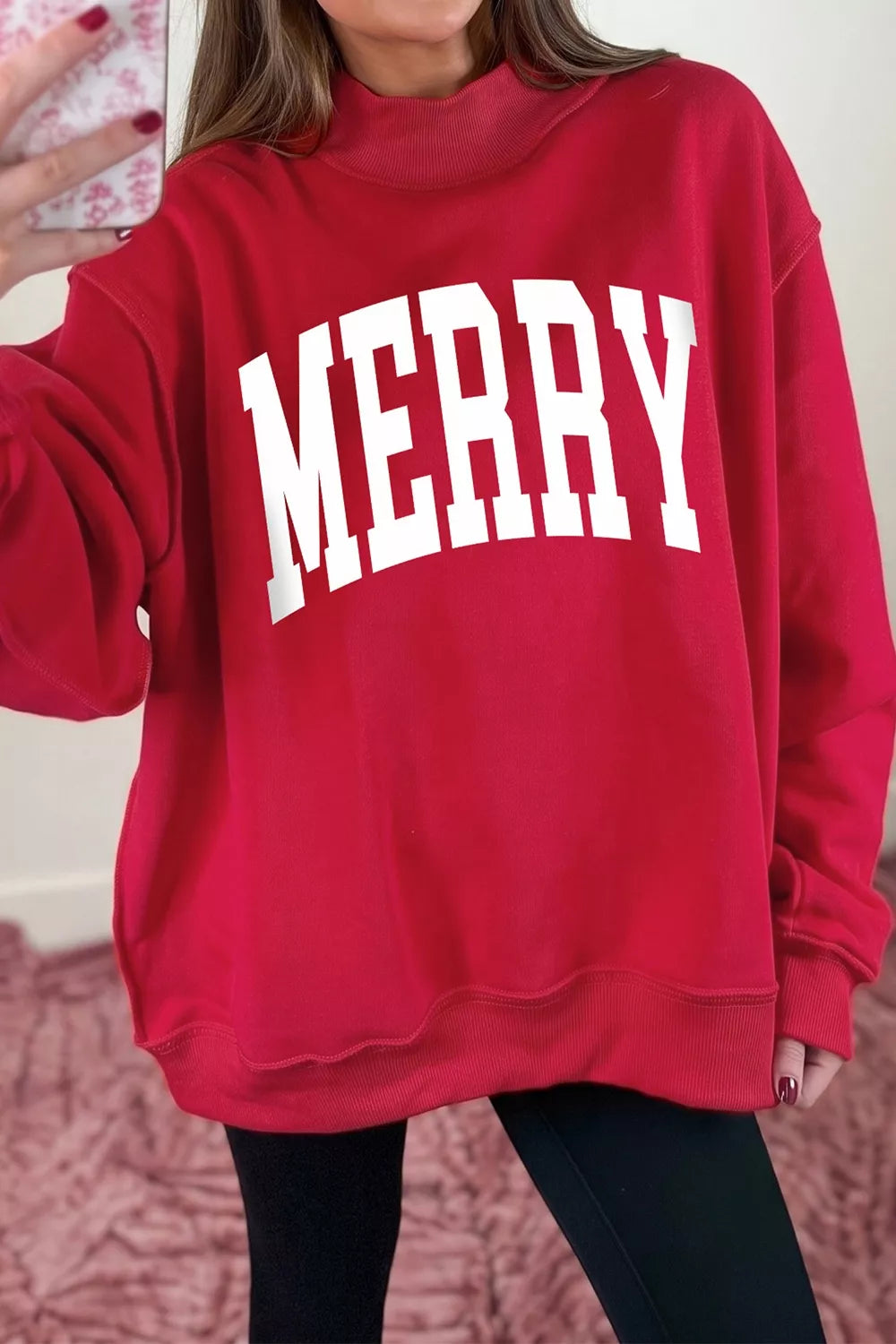 Red holiday high neck tunic sweatshirt, Merry graphic