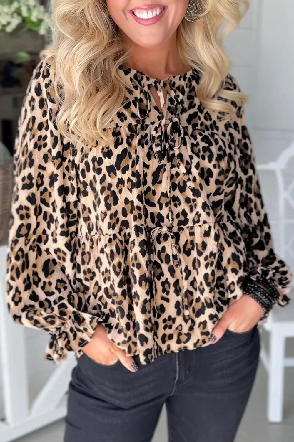 Trendsi Leopard Print Tie-Neck Blouse -