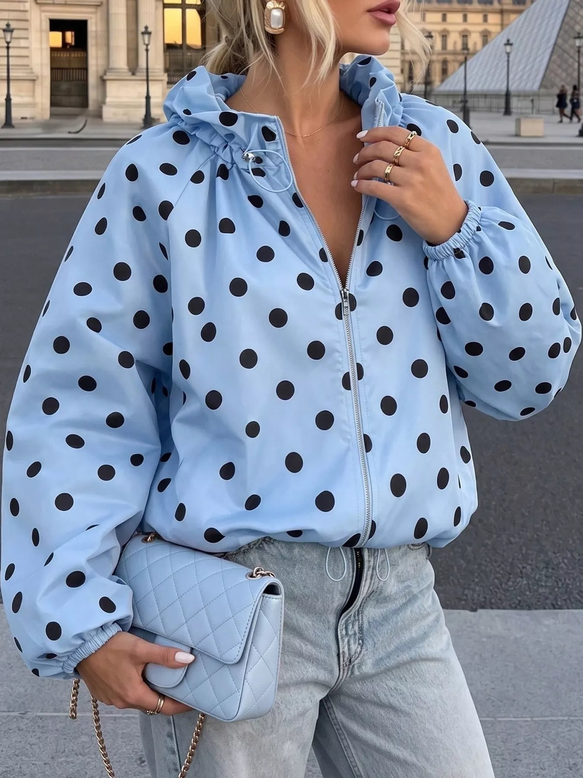 Polka Dot Drawstring Zip-Up Jacket — front view