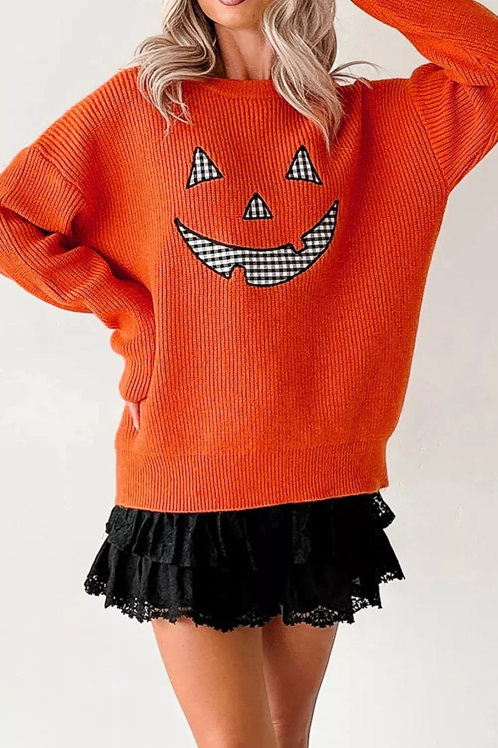 Trendsi Drop Shoulder Long Sleeve Round Neck Halloween Sweater -