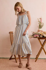 Trendsi SO ME Stripe Tiered Shoulder Tie Midi Lined Dress -