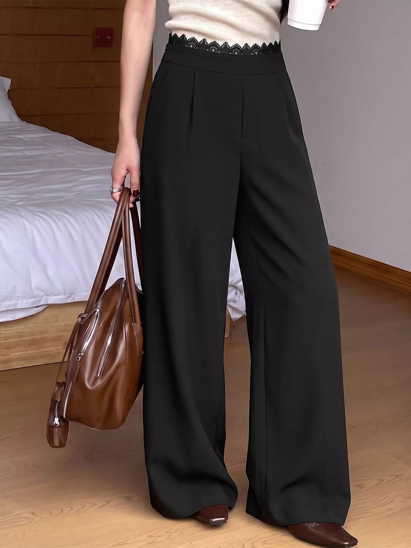 Trendsi High-Waisted Wide-Leg Lace-Trimmed Pants -