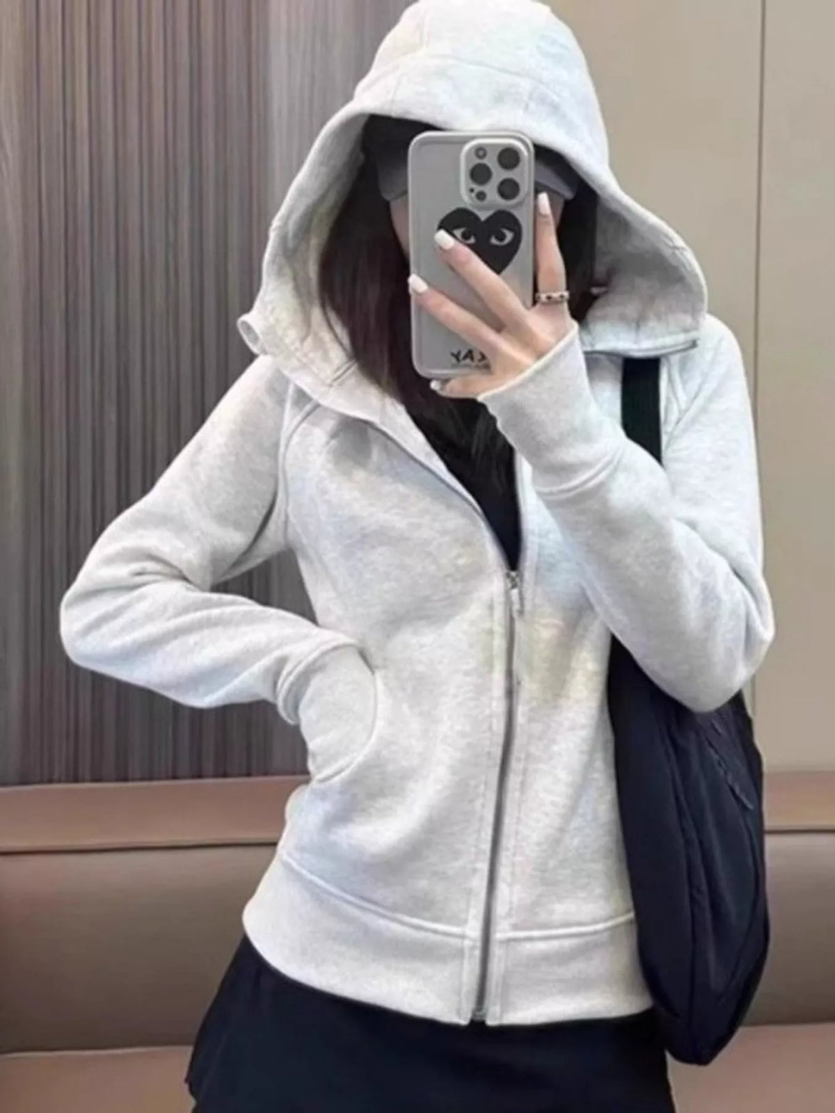 Light gray slim fit full zip hoodie, front view