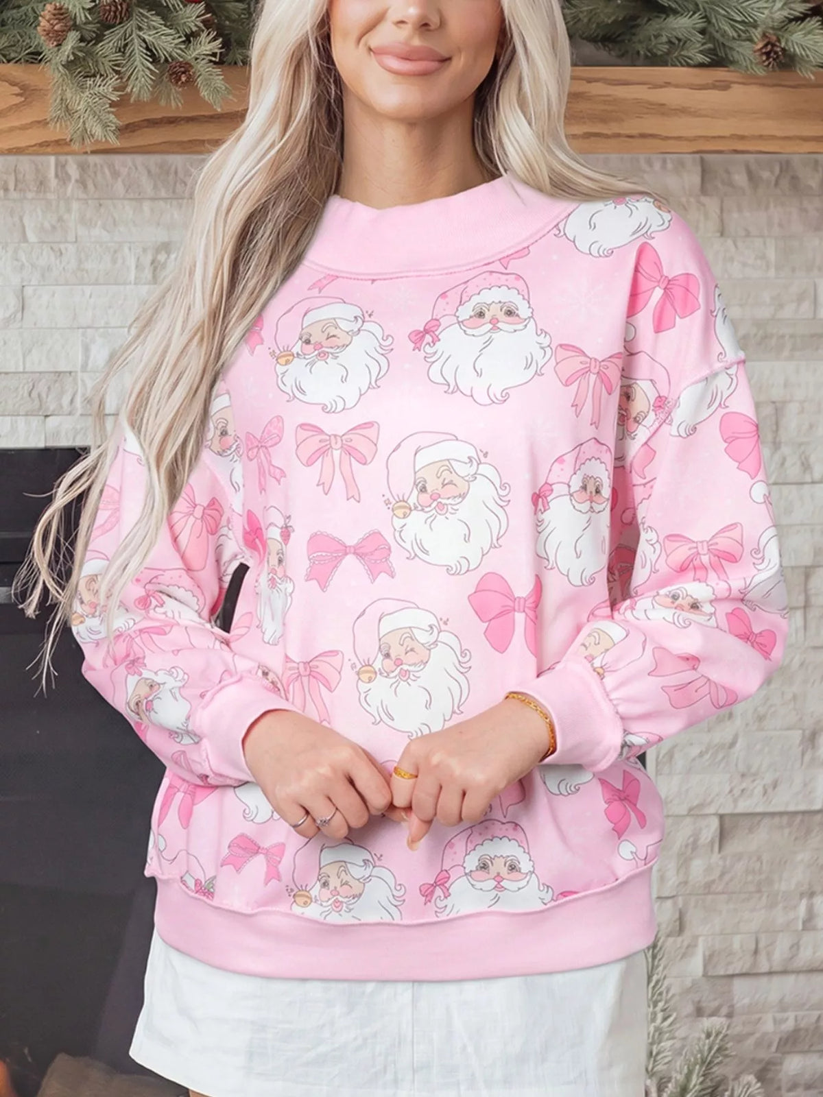 Santa-and-bow sweatshirt, pink Santa bow print front