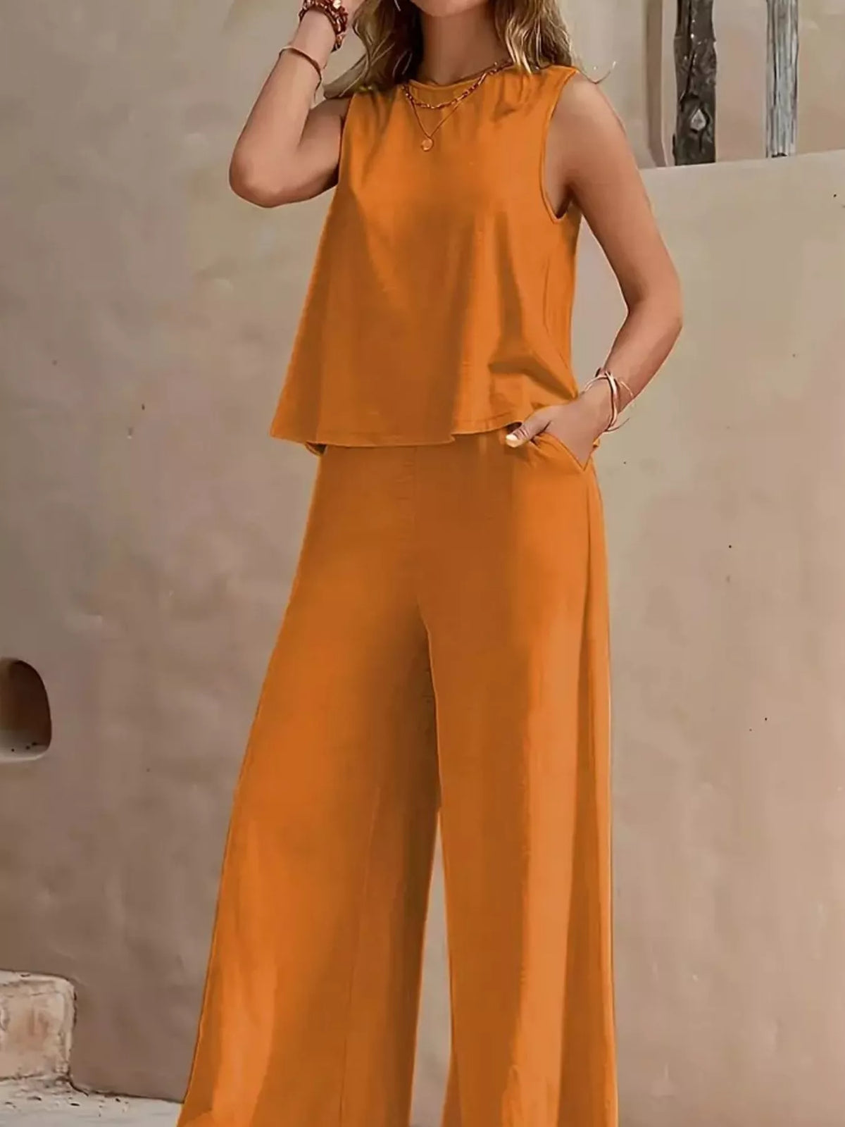 Sleeveless Tank Top and Wide-Leg Pants Set — front view