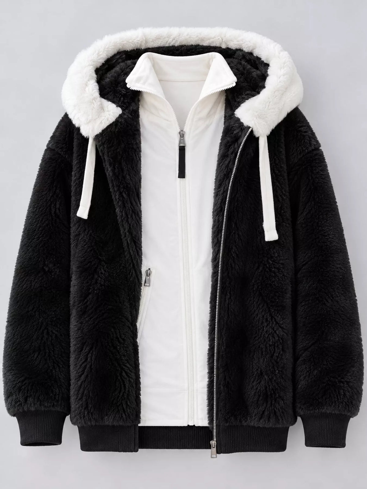 Black with white hood trim faux fur zip up hooded jacket, front view