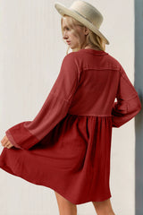 Trendsi Double Take Waffle-Knit Contrast Half Button V-Neck Long Sleeve Mini Dress -