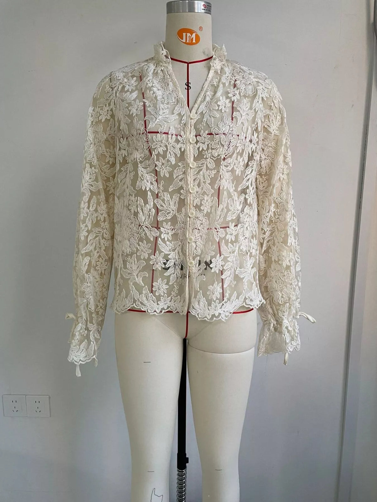 Cream sheer floral lace long sleeve shirt, front product view