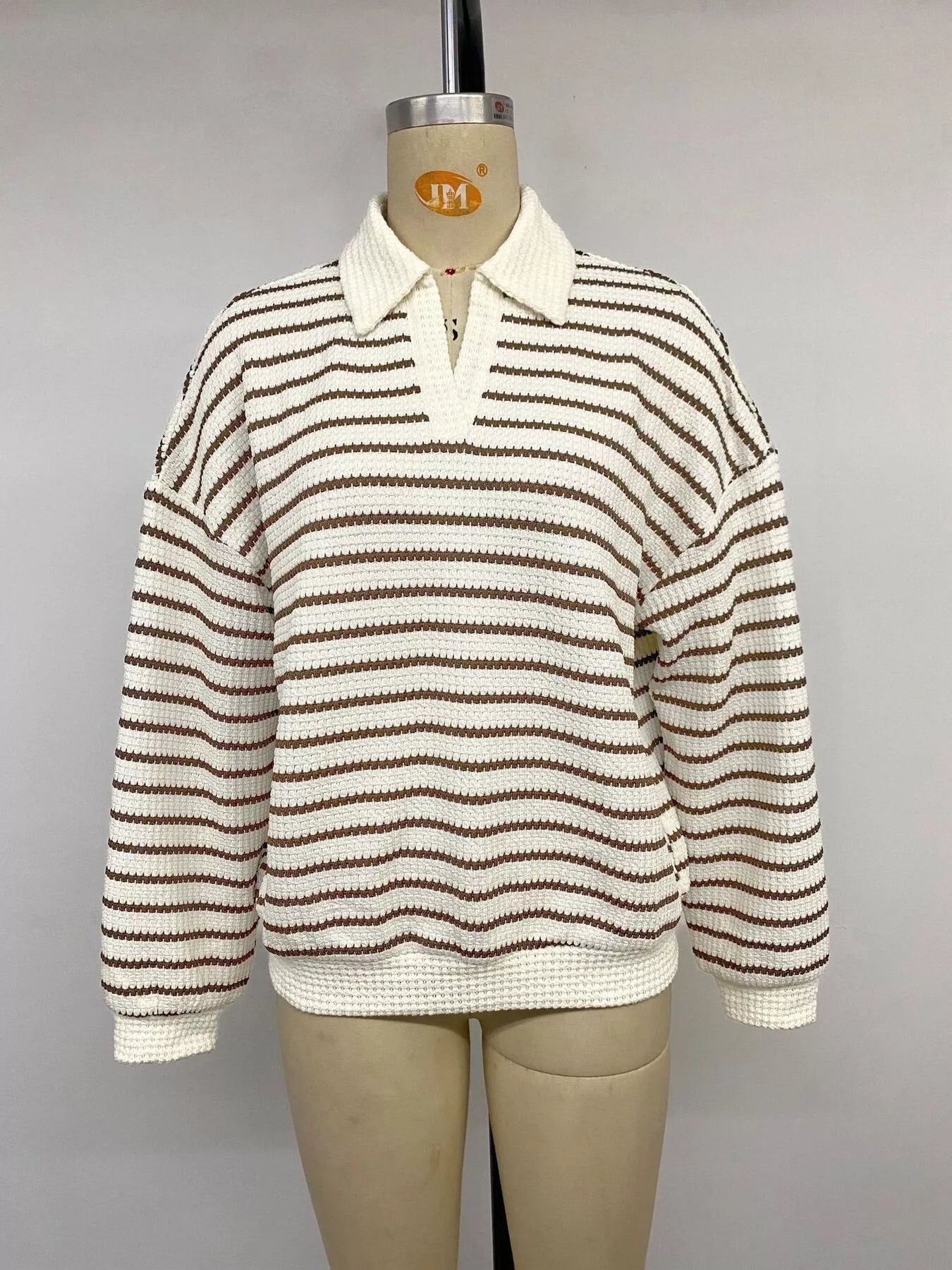 Trendsi Striped Polo Collar Knit Sweatshirt -