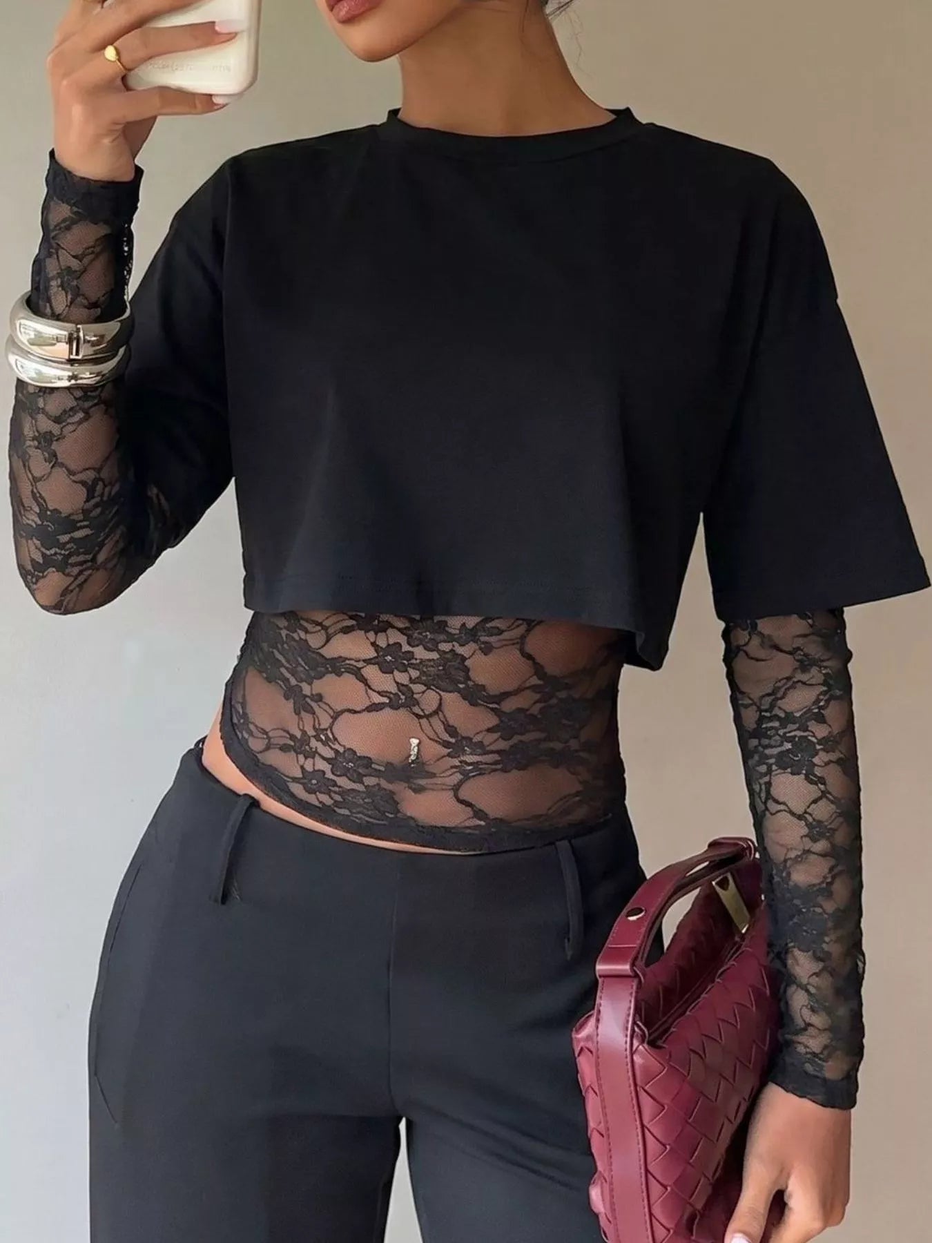 Trendsi Lace Patchwork Short Sleeve T-Shirt -