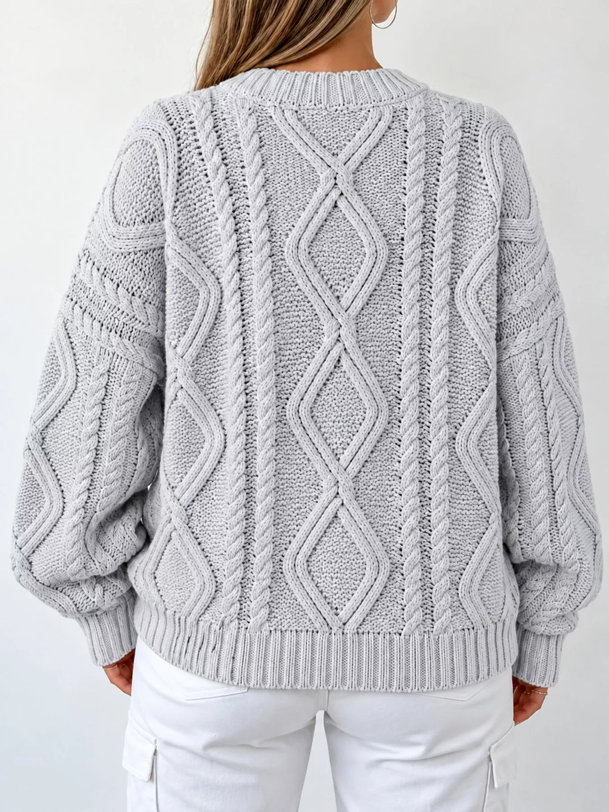 Gray cable-knit round neck sweater, back view