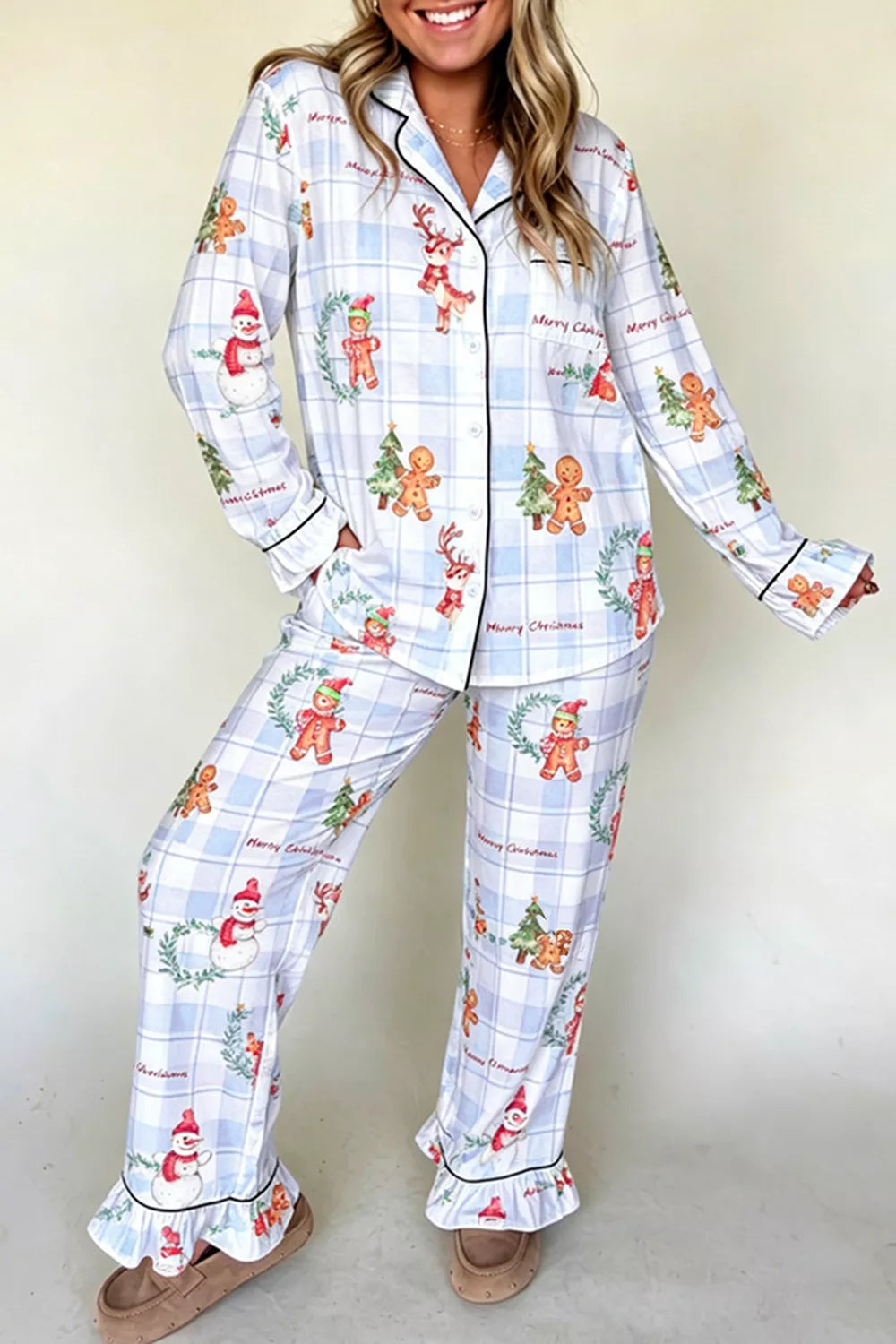 Light blue Christmas print plaid pajama set