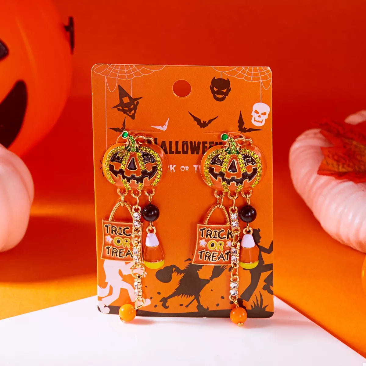 Trendsi Halloween Rhinestone Pumpkin Drop Earrings -