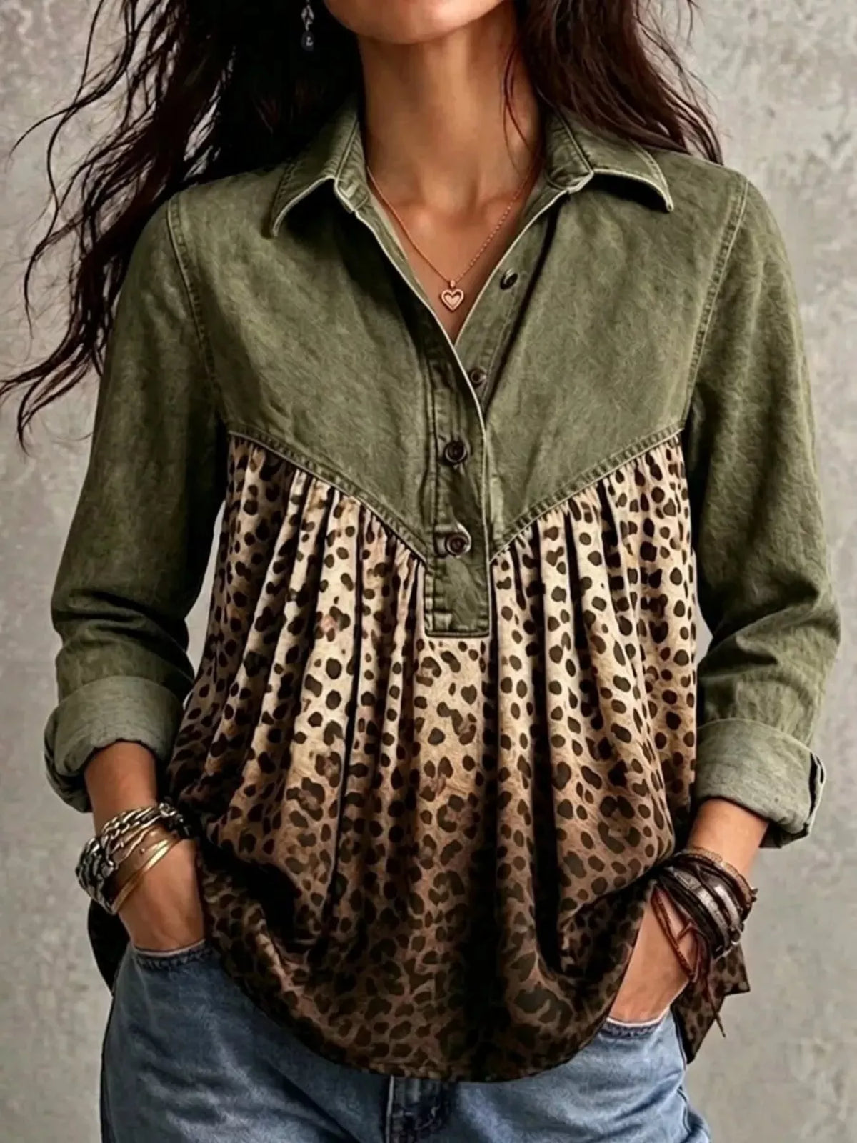Dark green leopard-panel button-front blouse, front view