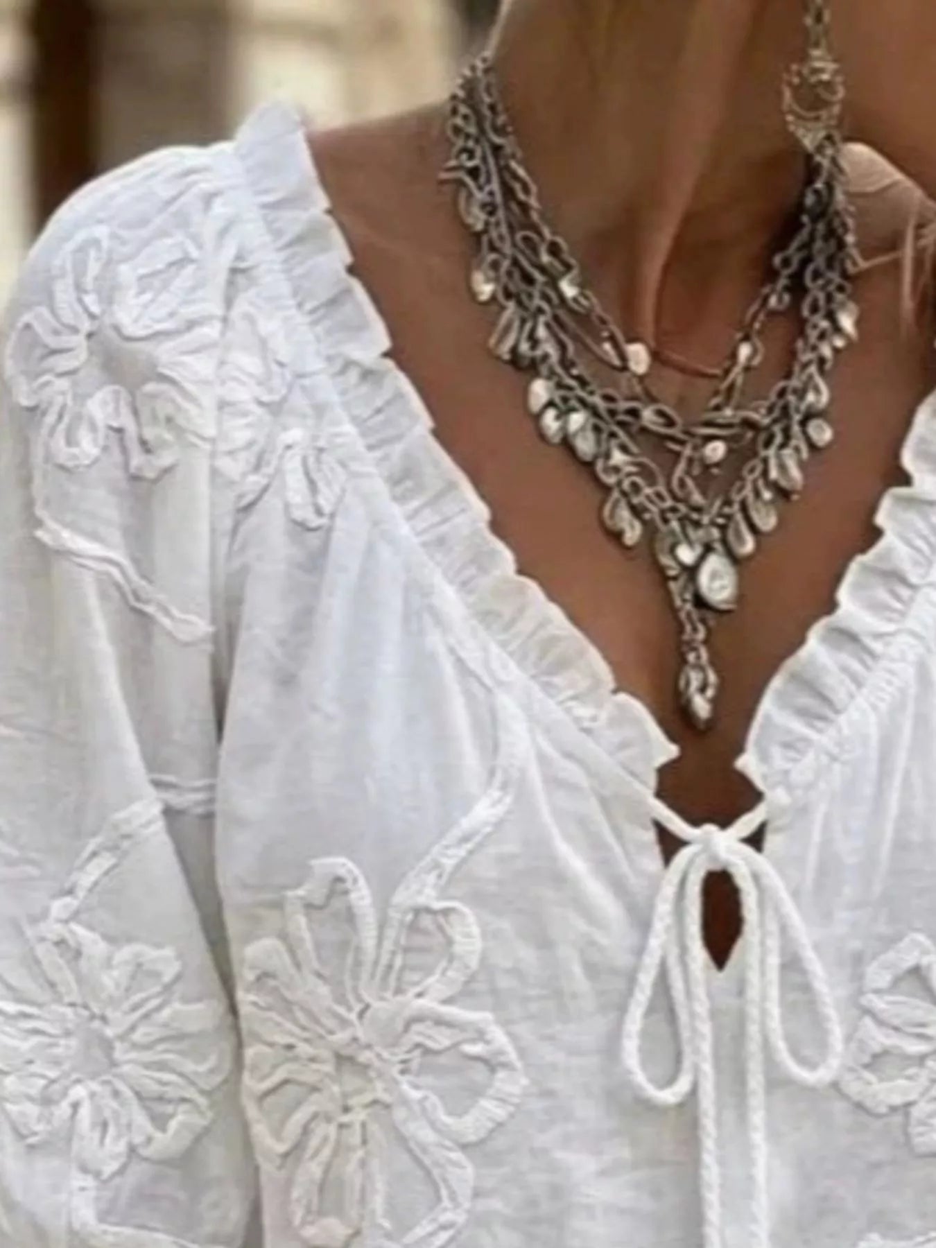 Trendsi Full Size Flower Tie Front 3/4 Sleeve Blouse Plus Size -