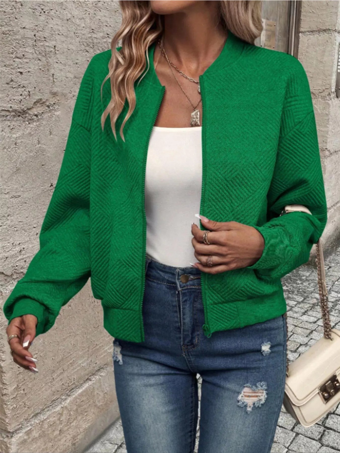 Trendsi Textured Knit Zip-Up Bomber Jacket -